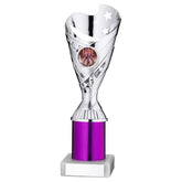 SILVER/PURPLE PLASTIC 'SABRE' CUP ASSEMBLED ON MARBLE (1in CEN) - 9in